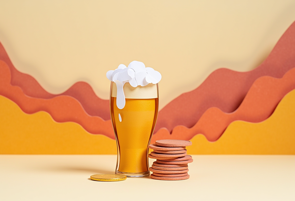Paper-craft beer glass beside a modest stack of coins
