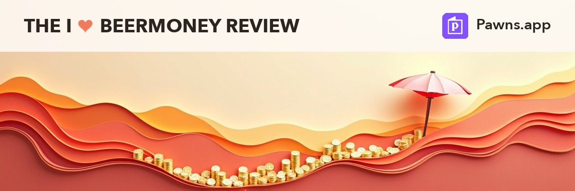 Paper-craft cover for the I Love Beermoney Pawns.app review: wifi waves flowing from a paper router into a stream of coins, with the Pawns.app logo masthead