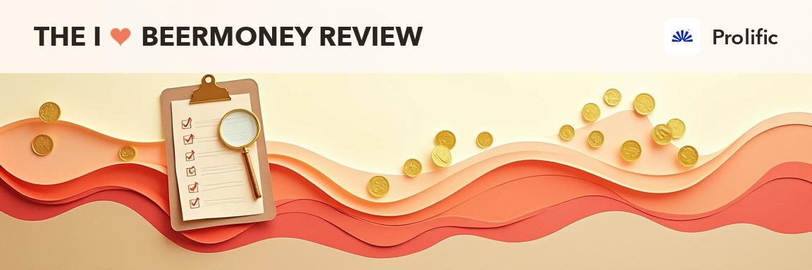 Paper-craft cover for the I Love Beermoney Prolific review: clipboard, magnifying glass and coins on layered paper waves, with the Prolific logo masthead