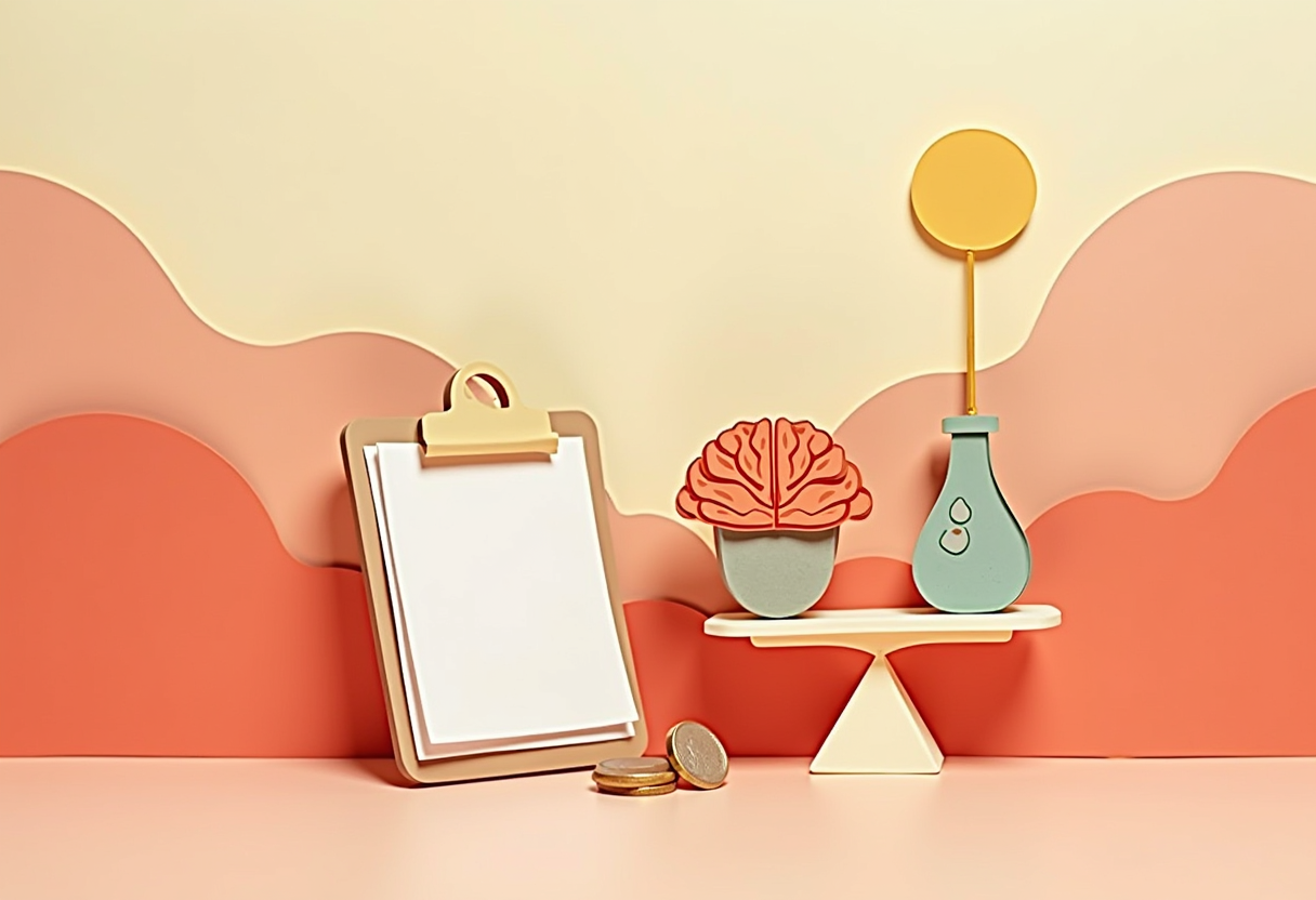 Paper-craft research flask, clipboard and folded-paper brain with a balanced coin