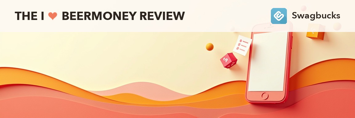 Paper-craft cover for the I Love Beermoney Swagbucks review: phone with survey, shopping and game icons on layered paper waves, with the Swagbucks logo masthead