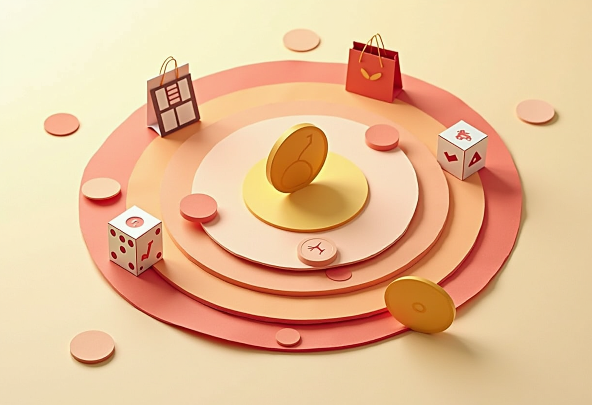 Paper-craft illustration of surveys, videos, shopping and games orbiting a coin
